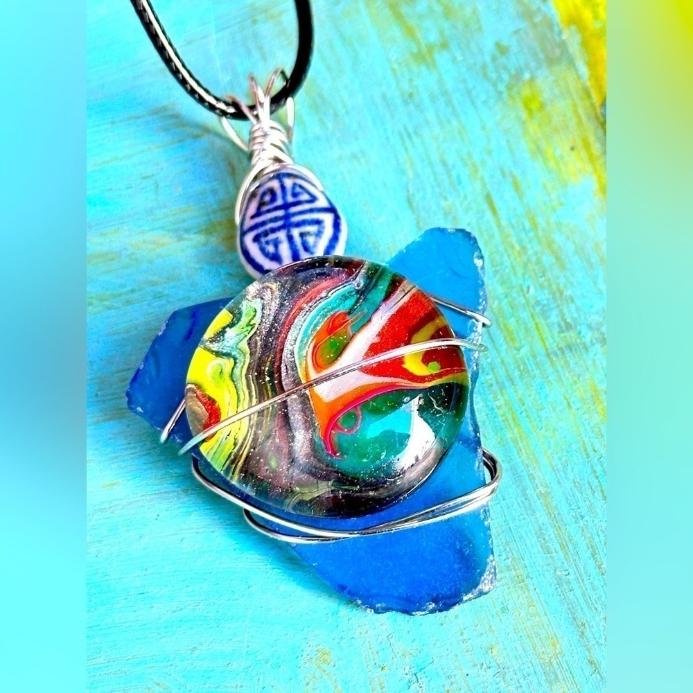 Boho OOAK Necklace, Pendant,
Hand Painted Wire Wrapped Handmade 4250